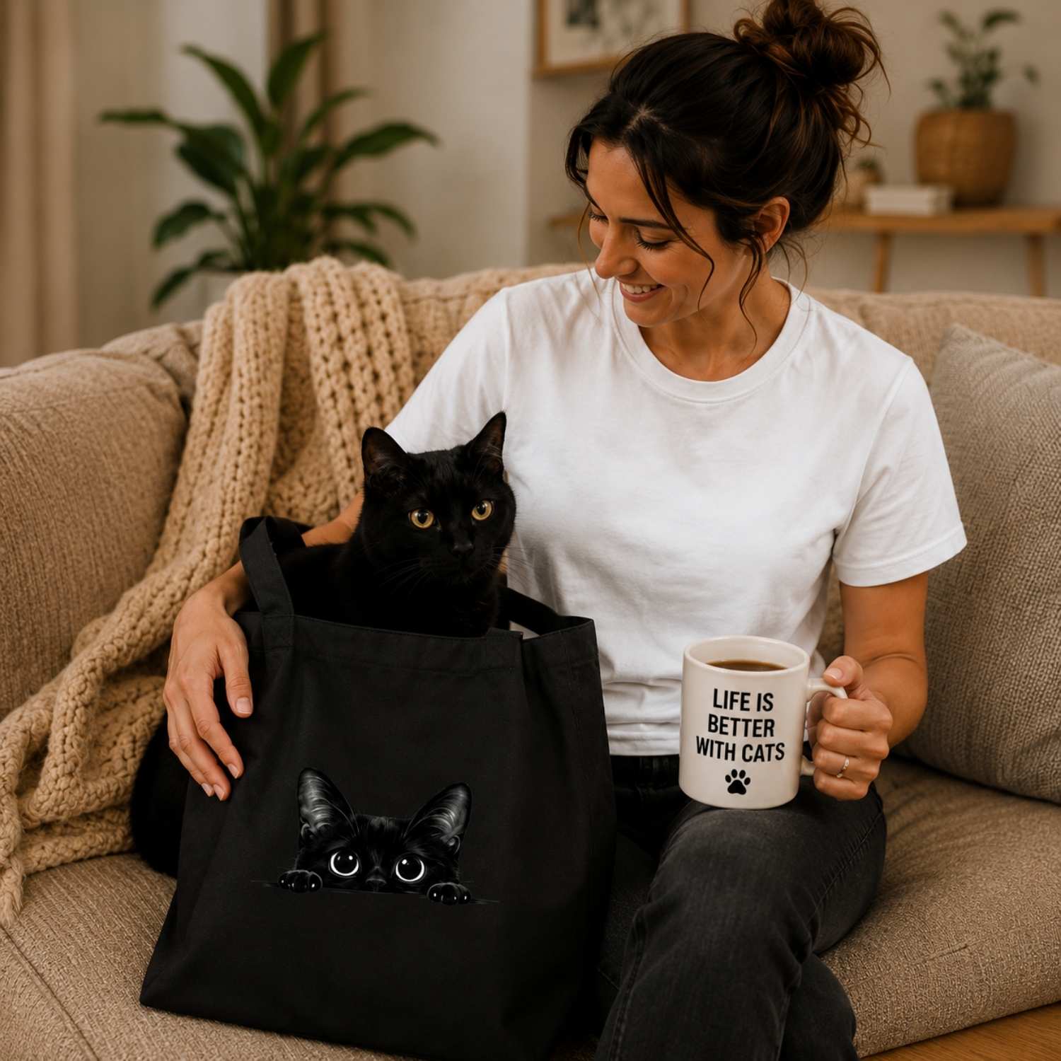 Peekaboo Cat Large Eco Tote Bag