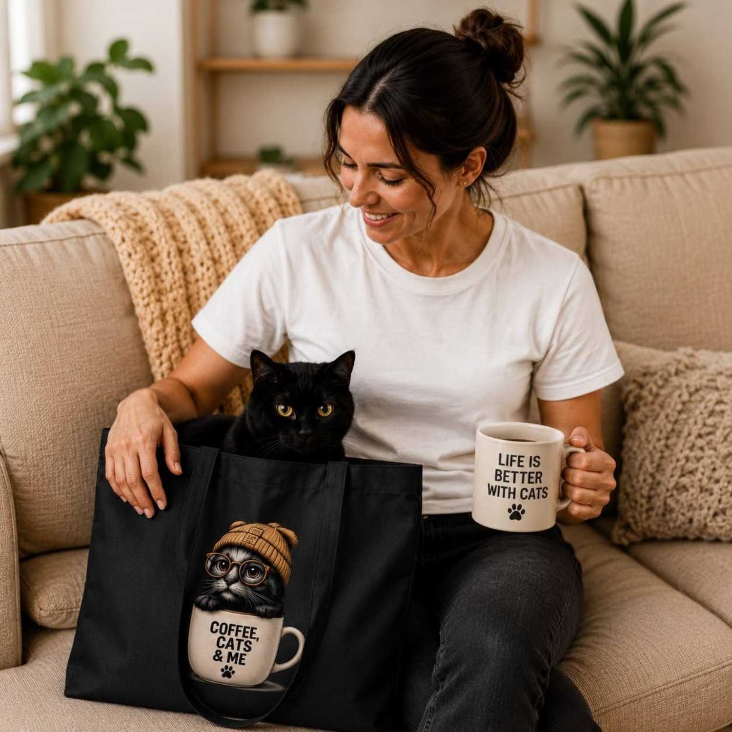Coffee, Cats & Me Large Eco Tote Bag